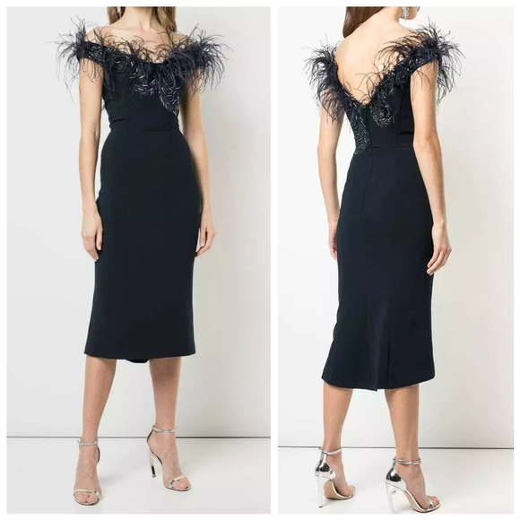 Marchesa Navy Blue Ostrich Feather Embroidered Off Shoulder Fluted Hem Dress - Picture 1 of 15